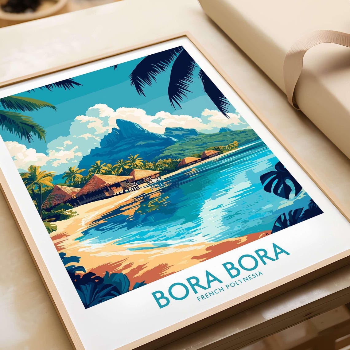 Bora Bora French Polynesia Beach Huts Lagoon Mountain Travel Poster