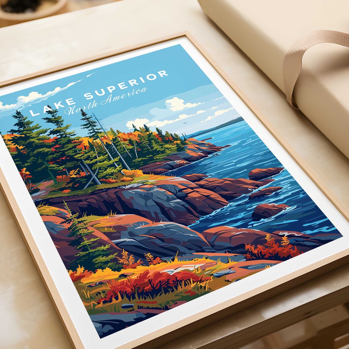 Lake Superior North America Autumn Rocky Shoreline Travel Poster