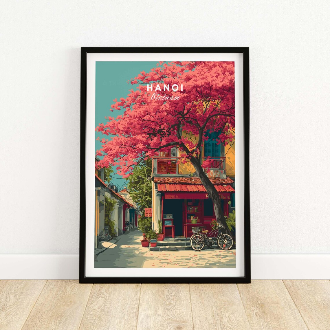 Hanoi Vietnam Print Cherry Blossom Street Wall Art Colorful Cityscape Decor Travel Urban Scene Seasonal Gift