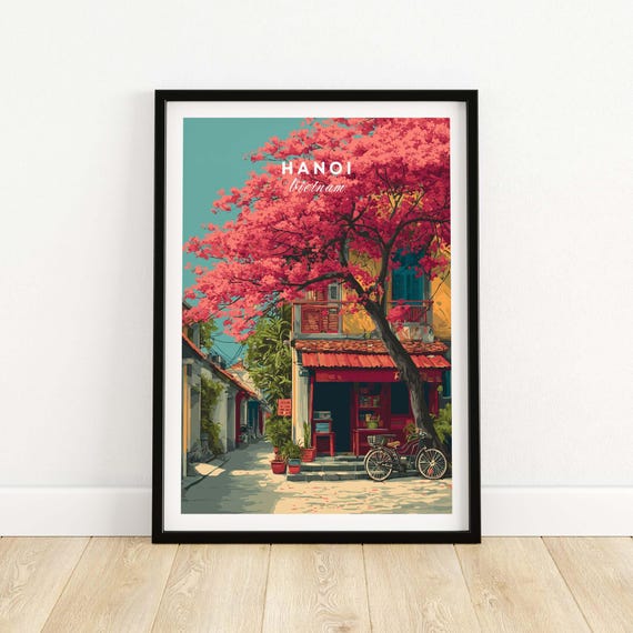 Hanoi Vietnam Print Cherry Blossom Street Wall Art Colorful Cityscape Decor Travel Urban Scene Seasonal Gift