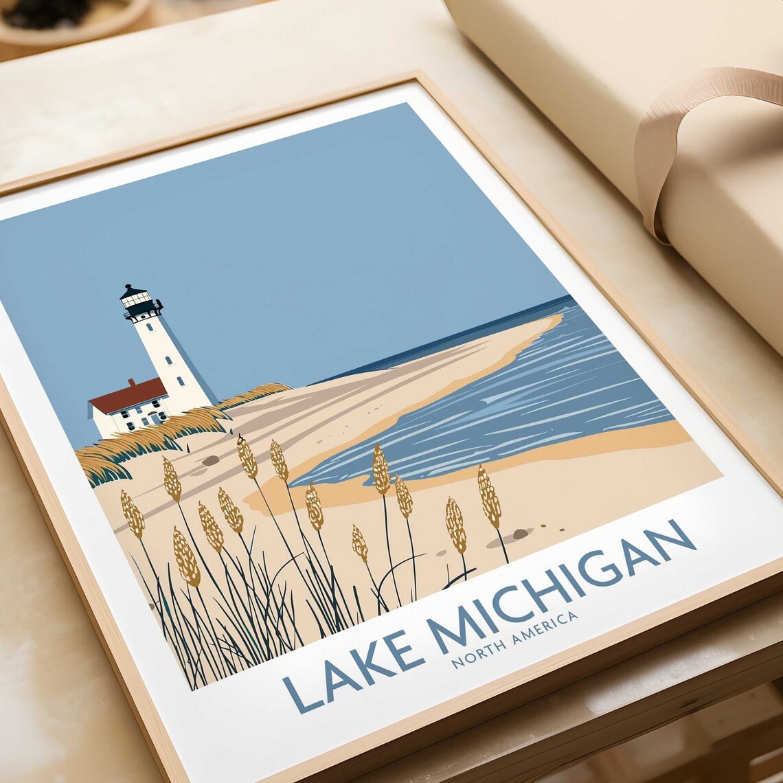 Lake Michigan North America Lighthouse Dune Grass Beach Travel Poster