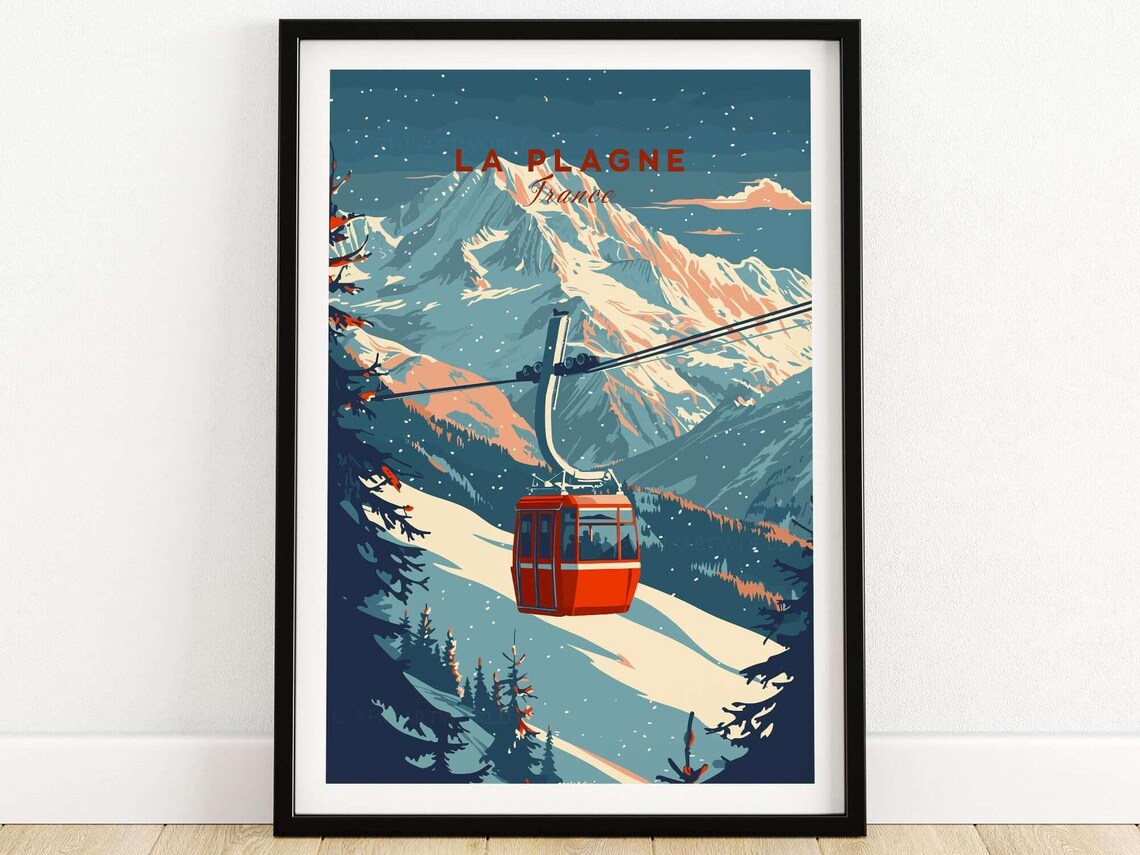 La Plagne France Gondola Poster With Red Cable Car Over Slope