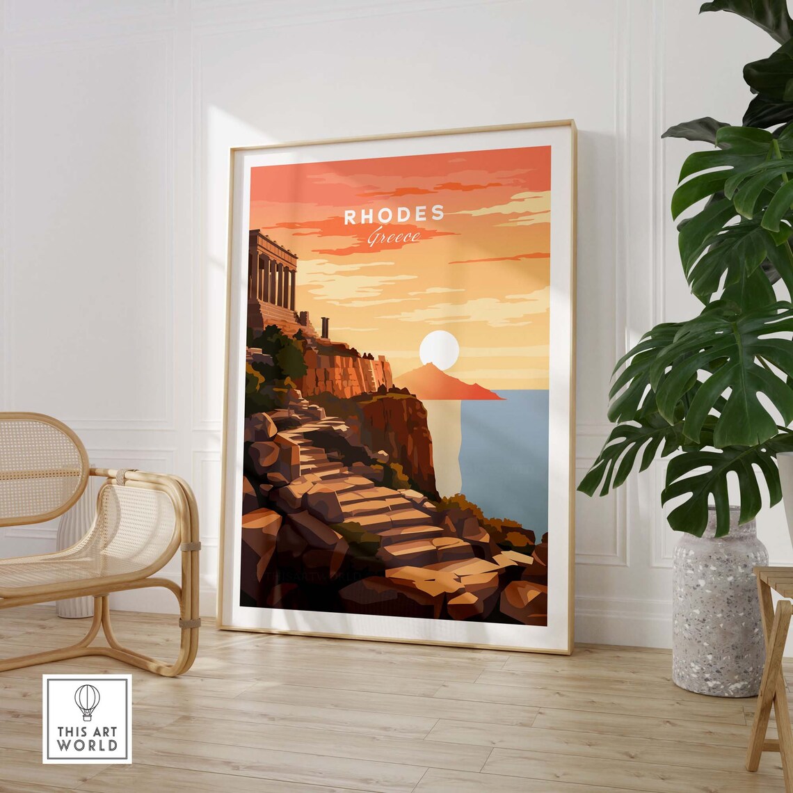 Rhodes Greece Golden Sunset Cliff Temple Seascape Travel Poster - Image 3