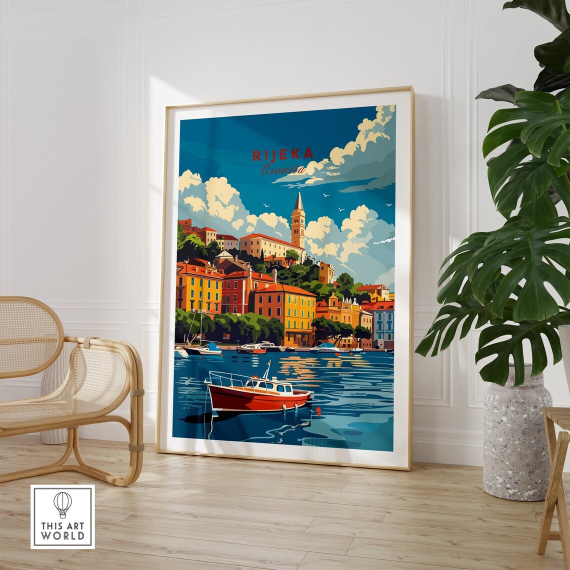 Rijeka Croatia Harbor Red Boat Coastal Town Sunset View Poster - Image 2