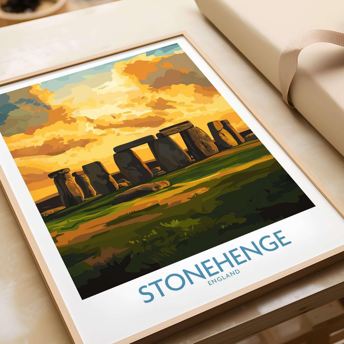 Stonehenge England Golden Sunset Dramatic Clouds Travel Poster