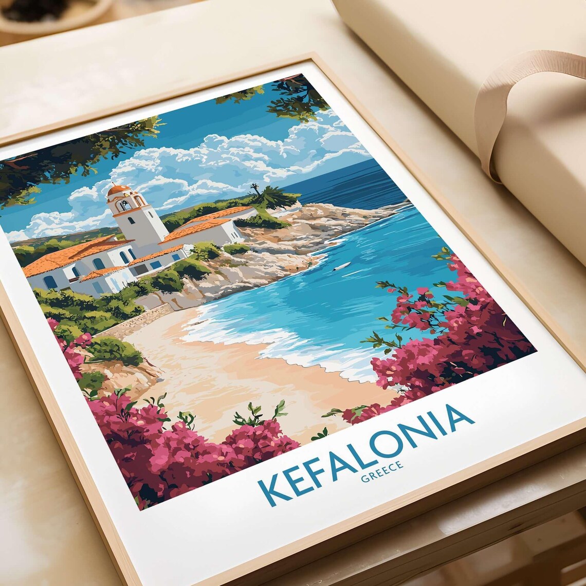 Kefalonia Greece Coastal Chapel Beach Bougainvillea Travel Poster
