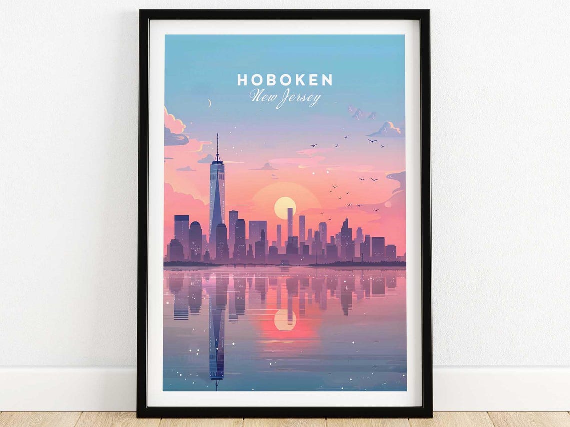 Hoboken New Jersey Pink Sunset Skyline Reflection Travel Poster