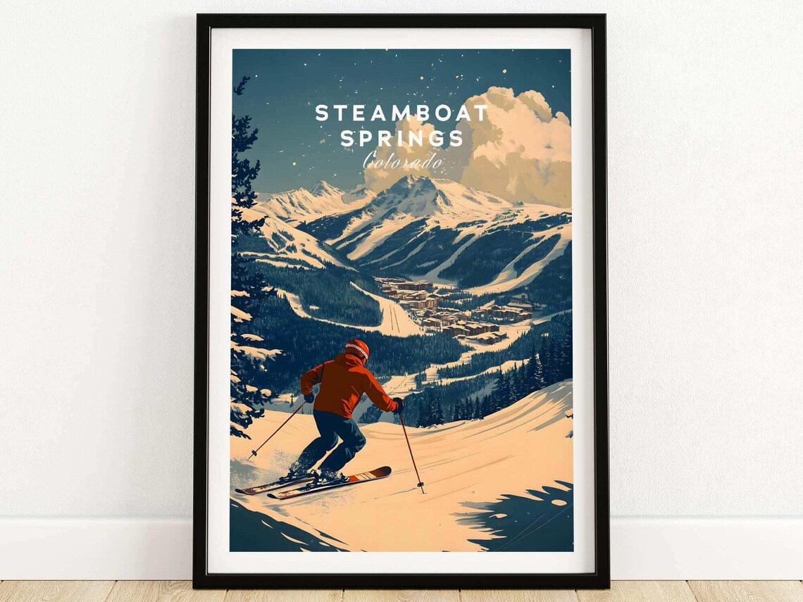 Steamboat Springs Colorado Skier Carving Golden Lit Slope Travel Poster