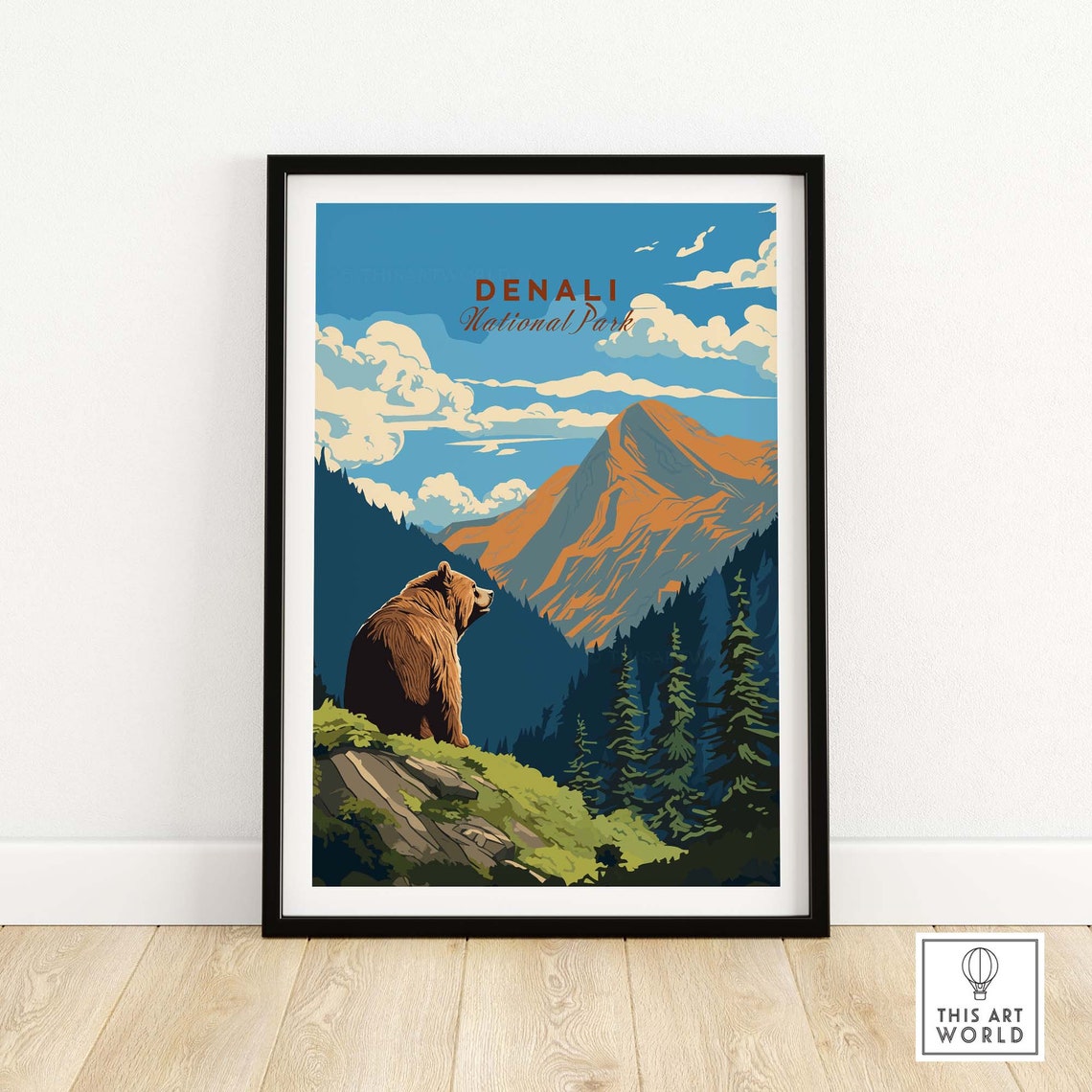 Denali National Park Bear Gazing at the Mountain Range Travel Poster - Image 2