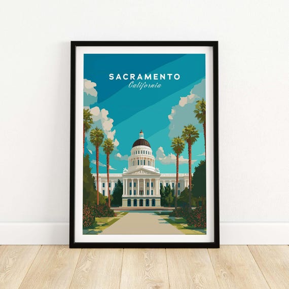 Sacramento Capitol Poster Travel Lover Gift Vintage Wall Art Cityscape Illustration Elegant Office Decor White Border Print