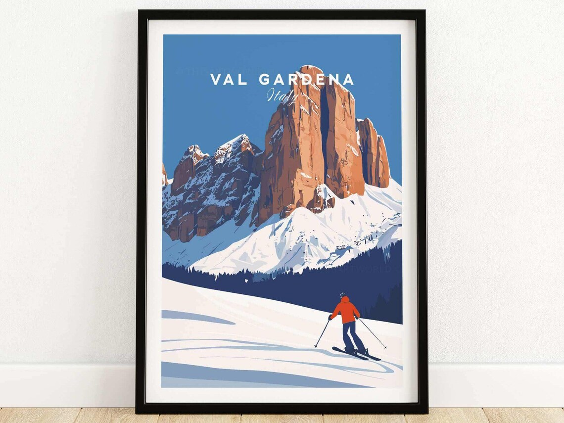 Val Gardena Italy Skier on Slope Beneath Dolomite Rock Towers Poster