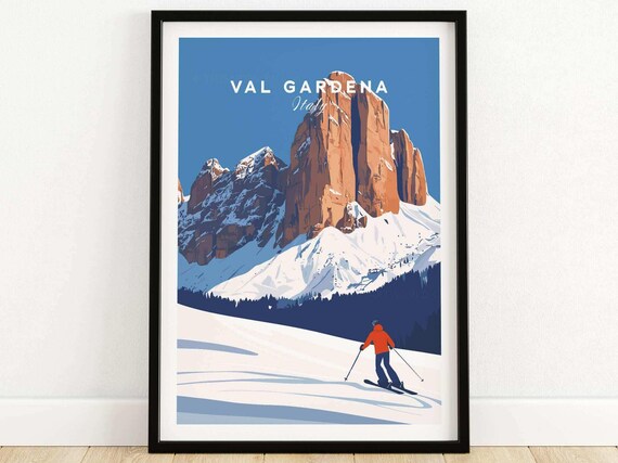 Val Gardena Italy Skier on Slope Beneath Dolomite Rock Towers Poster