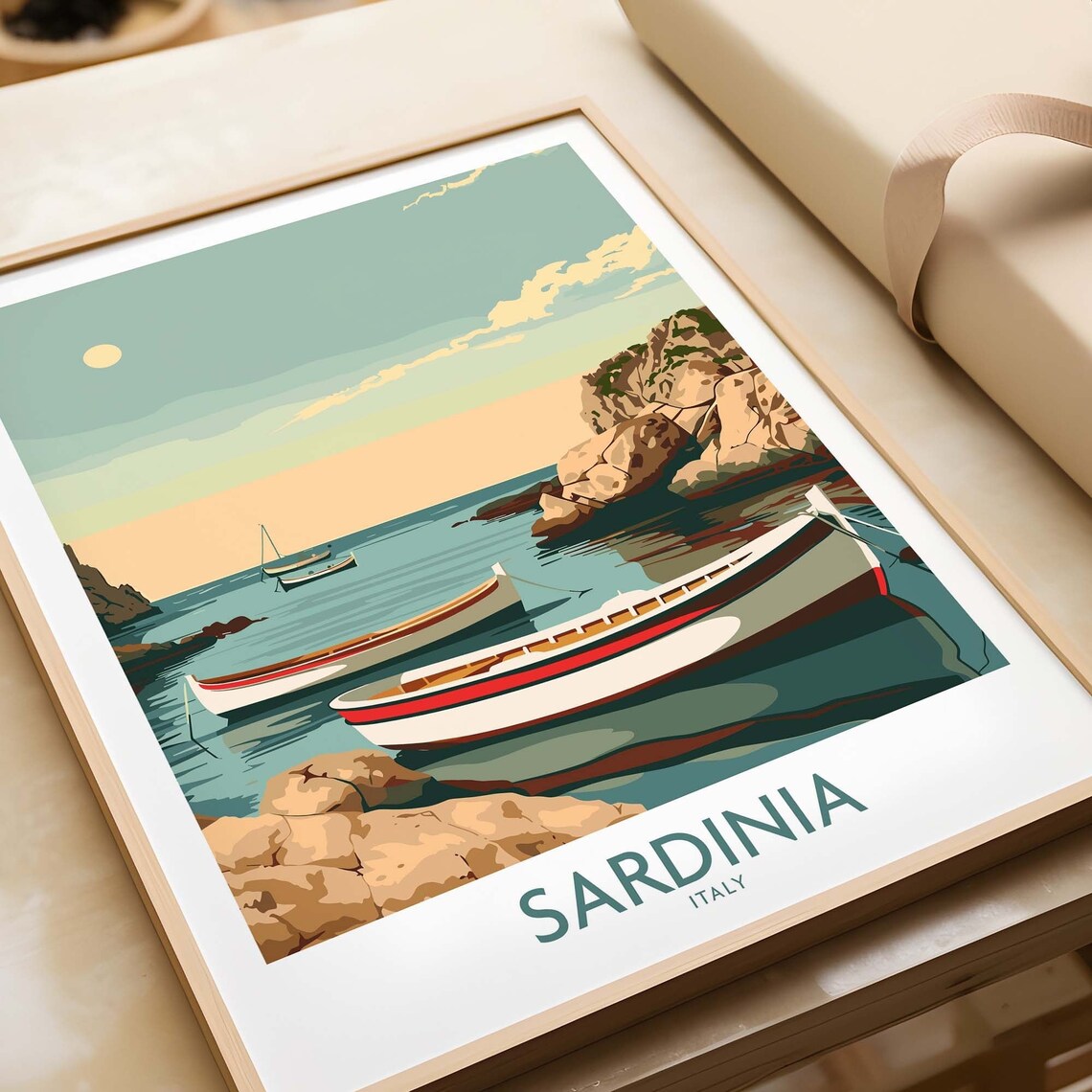Sardinia Italy Fishing Boats Rocky Cove Sunset Calm Sea Poster