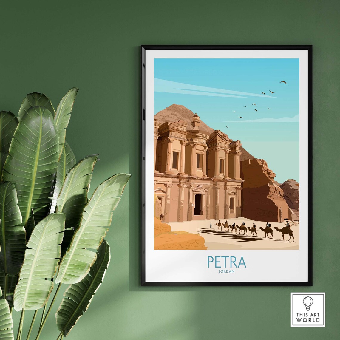 Petra Jordan Monastery Rock Facade Camel Caravan Travel Poster - Image 2