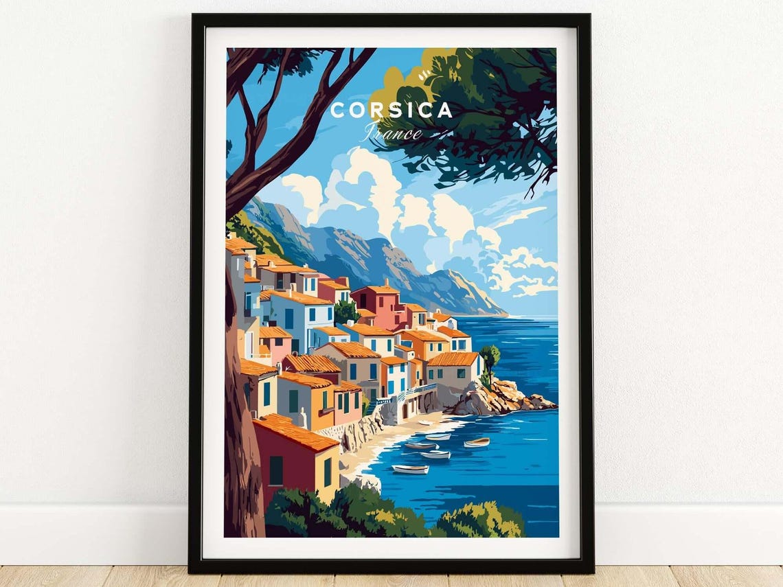 Corsica France Harbor Village Boats Mountains Coast Travel Poster