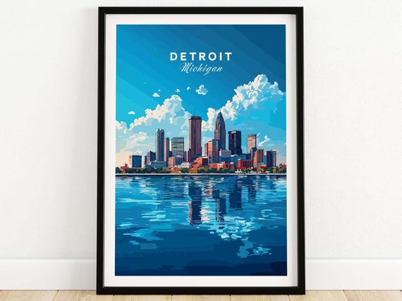 Detroit Travel Print Wall Hanging Detriot Decor Housewarming Gift Living Room Michigan Gift Art Lovers Illustration Detriot Poster Home