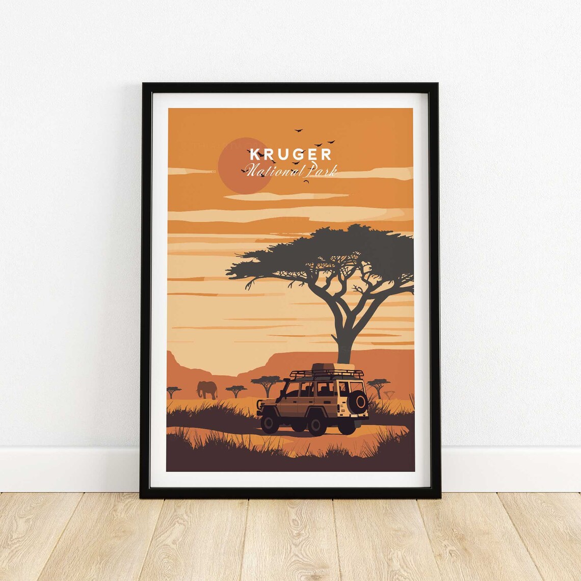 Kruger National Park Safari Jeep Elephant Sunset Savanna Poster