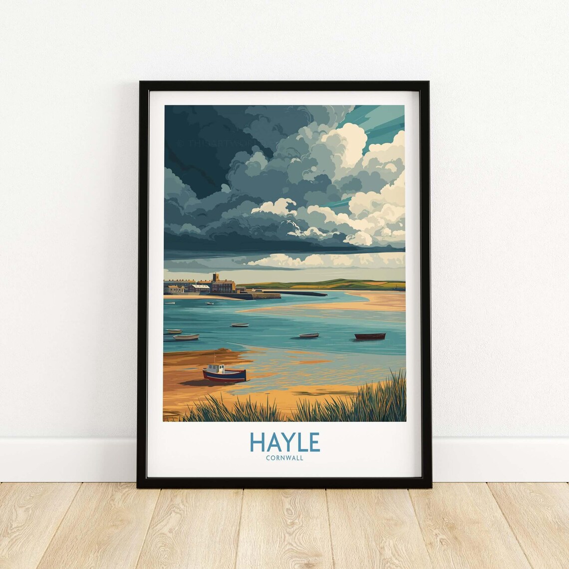 Hayle Cornwall Stormy Sky Beach With Boats Vintage Travel Poster