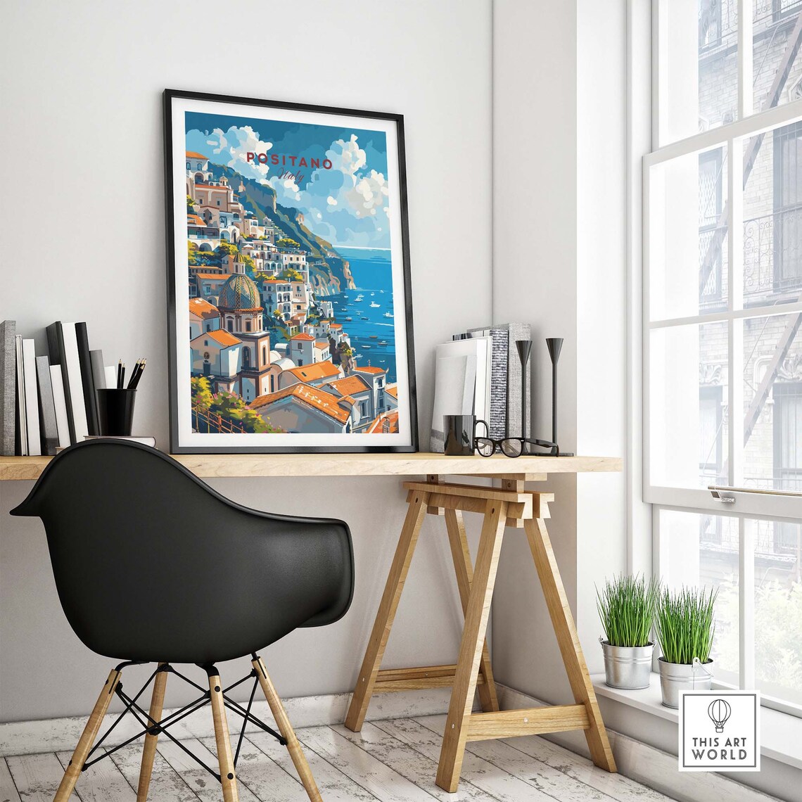 Positano Italy Cliffside Town Tiled Dome Sea Boats Scene Poster - Image 4
