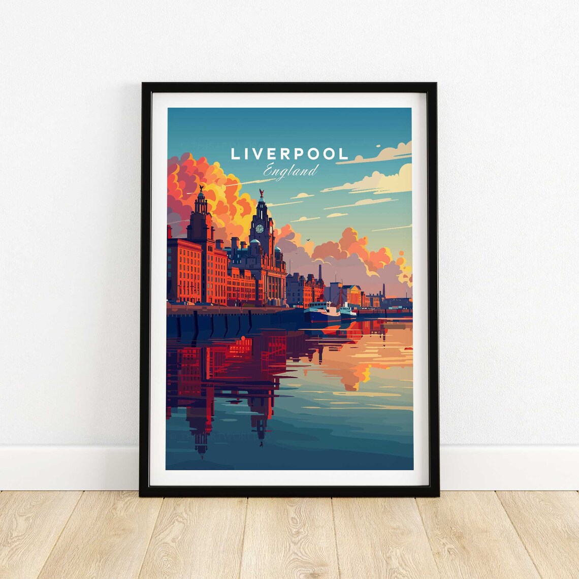 Liverpool England Sunset Waterfront Warehouses Reflections Travel Poster