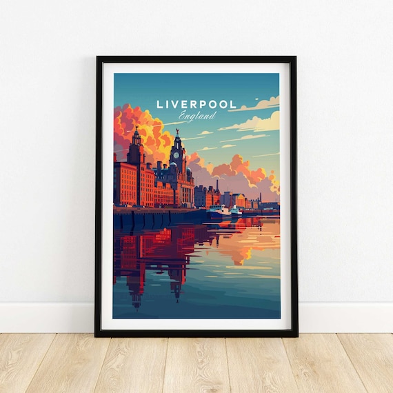 Liverpool England Sunset Waterfront Warehouses Reflections Travel Poster