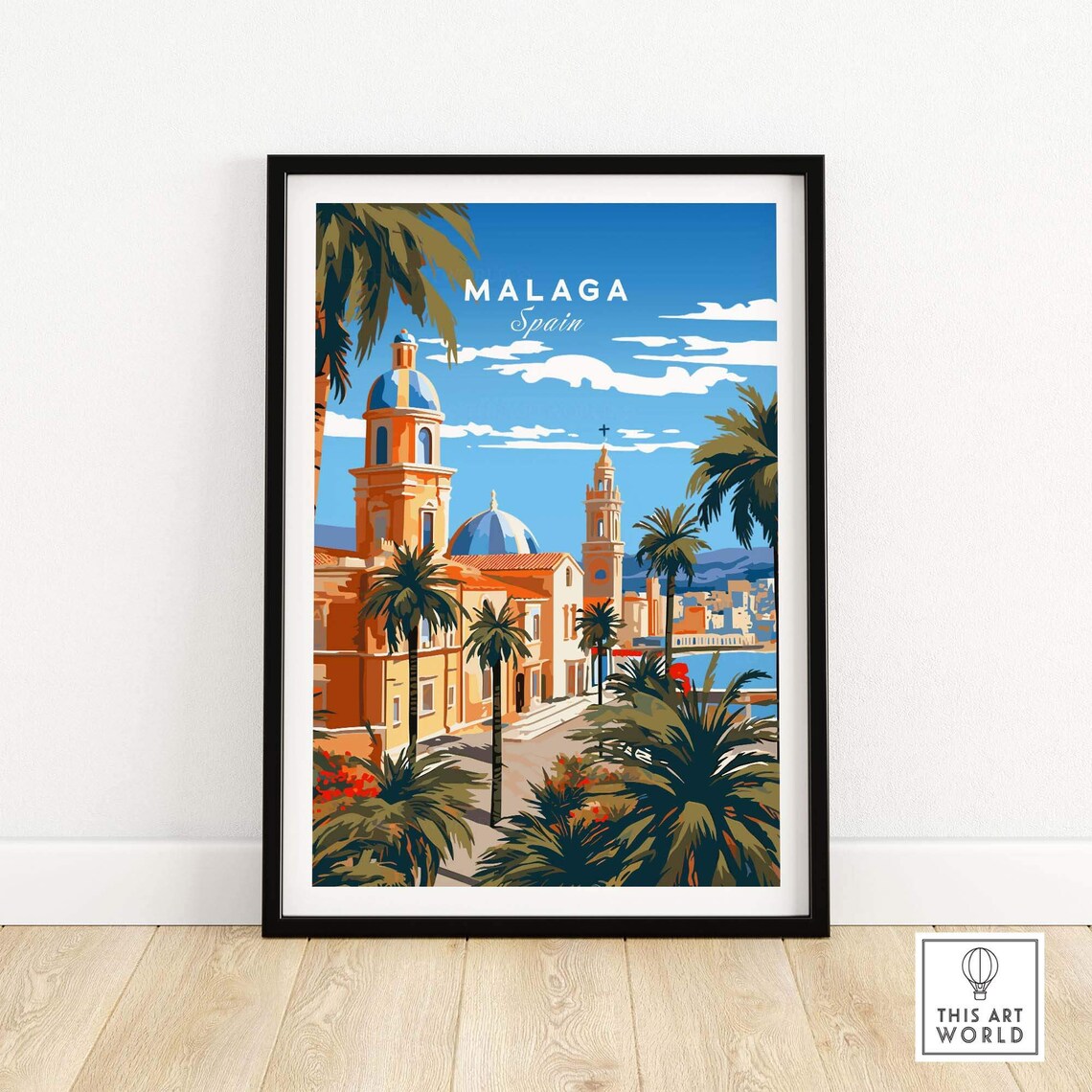 Malaga Spain Sunny Cathedral Blue Dome Palms Harbor Travel Poster