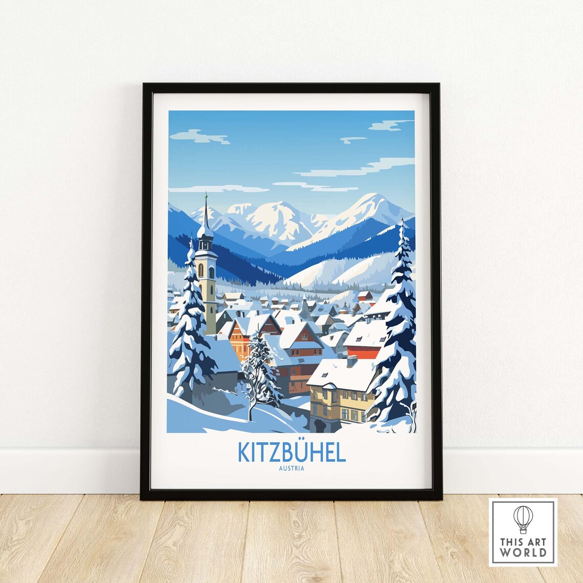 Retro Kitzbuhel Austria Snowy Village Church Winter Alps Poster