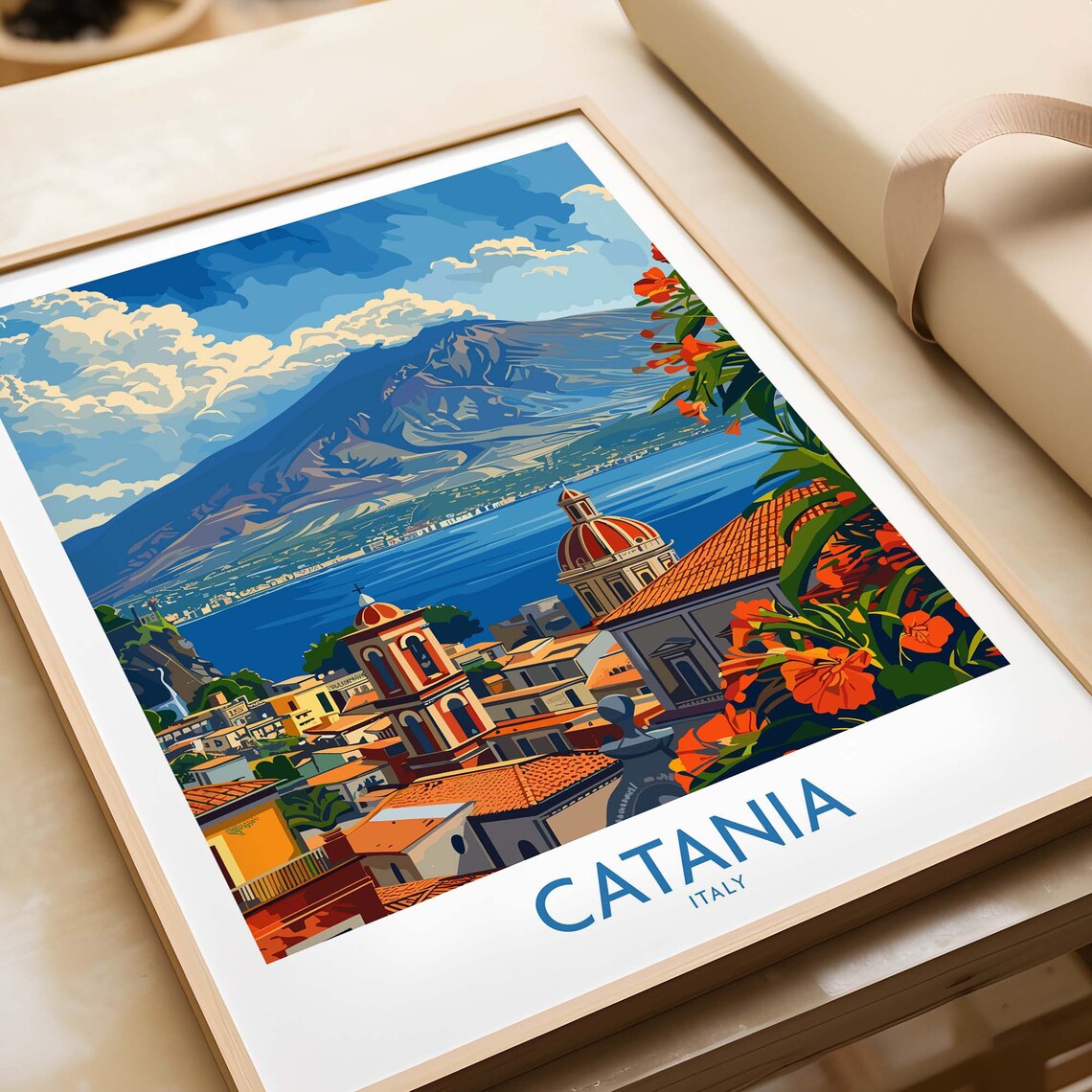 Catania Travel Poster, Sicily Place Illustration