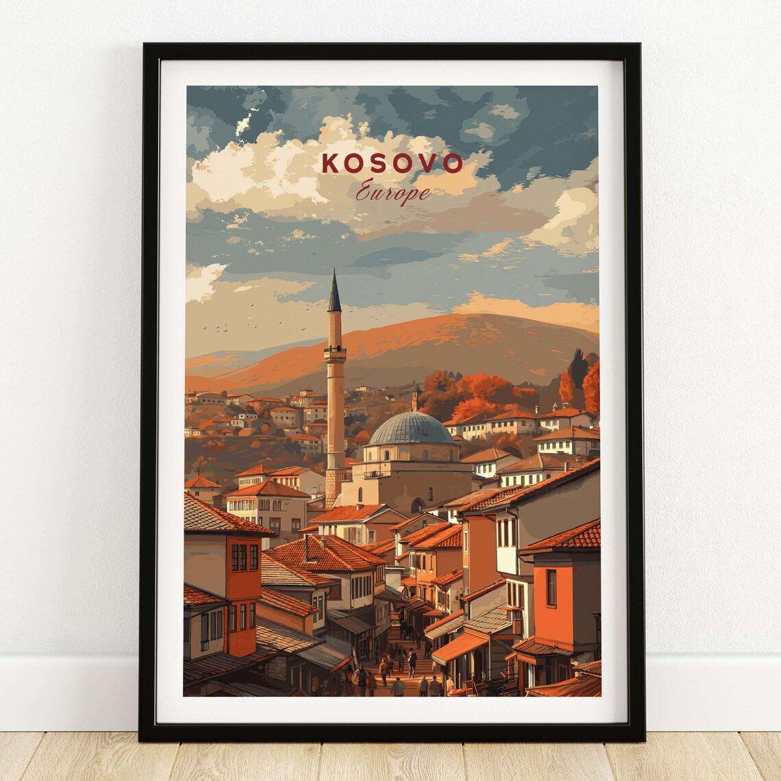 Kosovo Europe Old Town Mosque Minaret Red Roofs Travel Poster