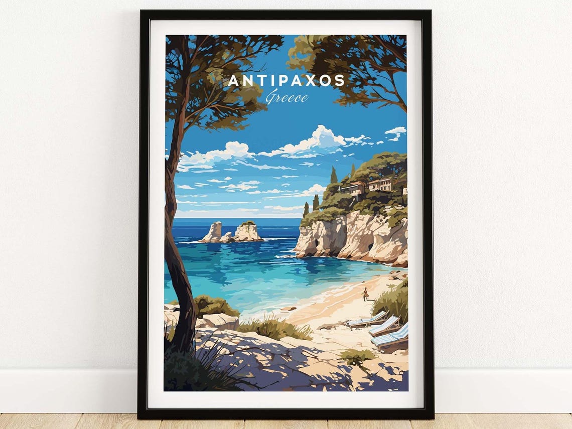 Antipaxos Greece Cliff Cove Turquoise Beach Illustration Poster