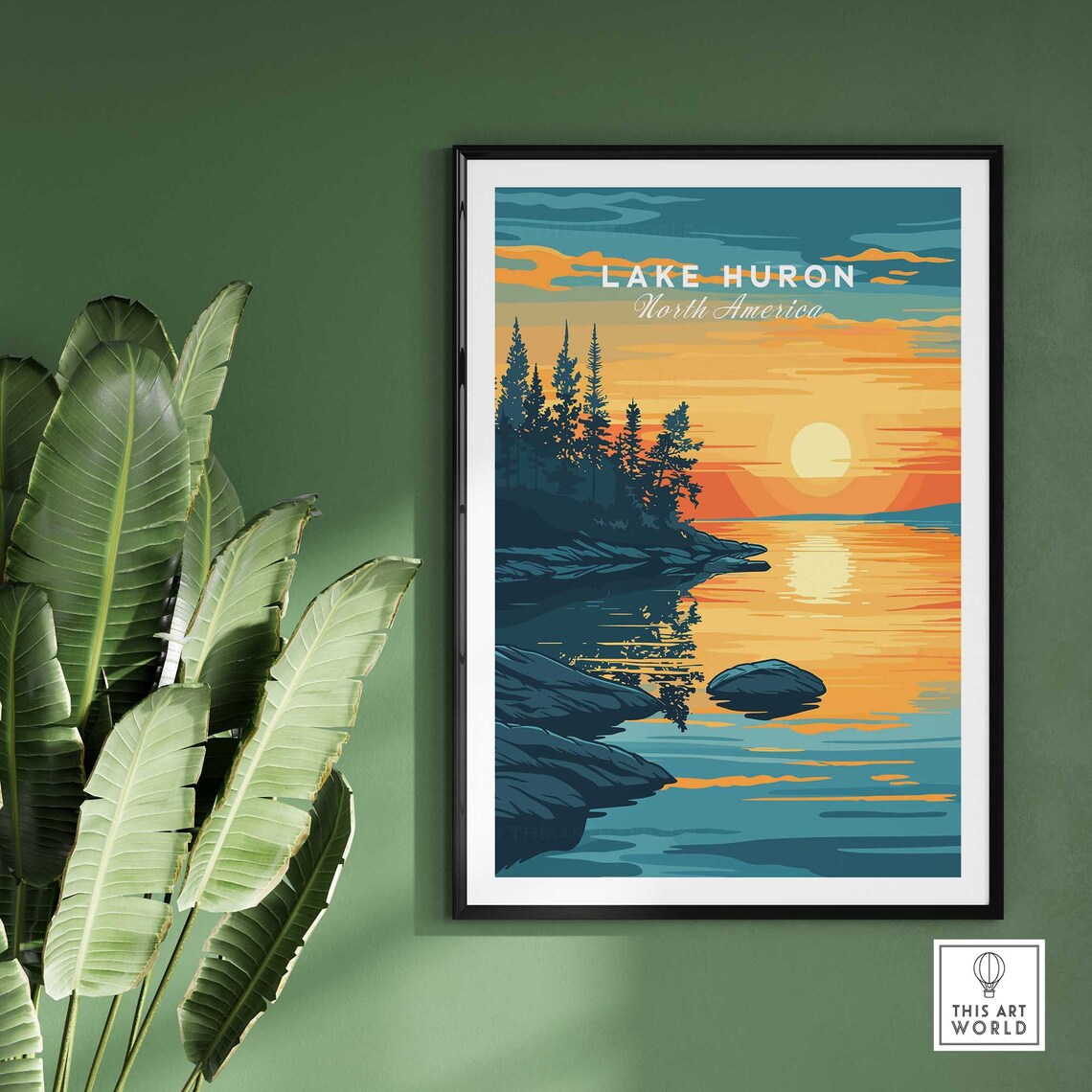 Lake Huron North America Orange Sunset Rocky Shore Travel Poster - Image 2