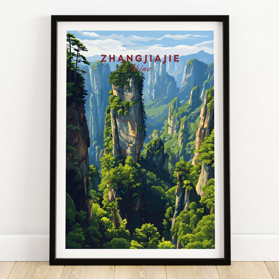 Zhangjiajie China Karst Peaks Misty Valley Travel Art Poster