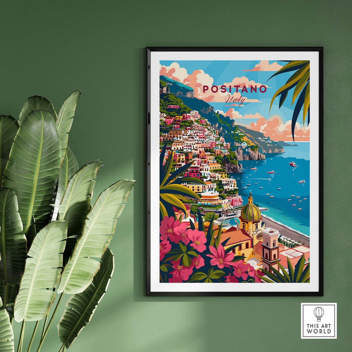 Positano Italy Amalfi Coast Cliff Town Pink Flower Seaside View Poster - Image 2