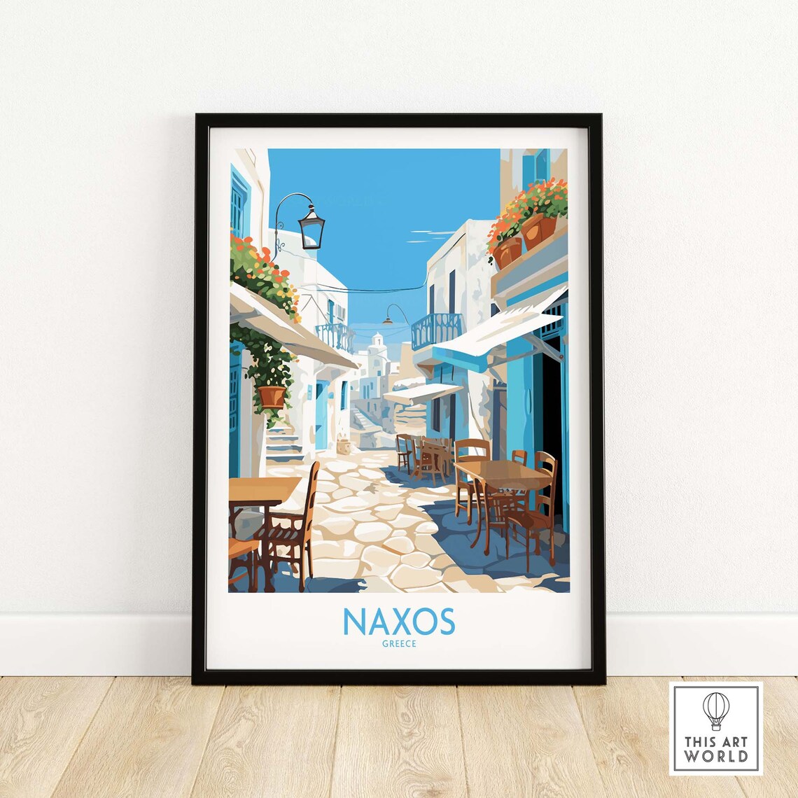 Naxos Greece White Cycladic Alley Street Cafes Bougainvillea Poster