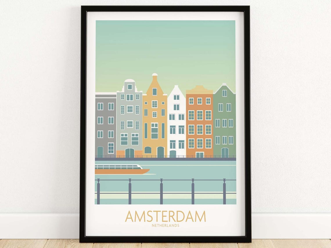 Amsterdam Netherlands Canal Houses Boat Minimalist Style Poster