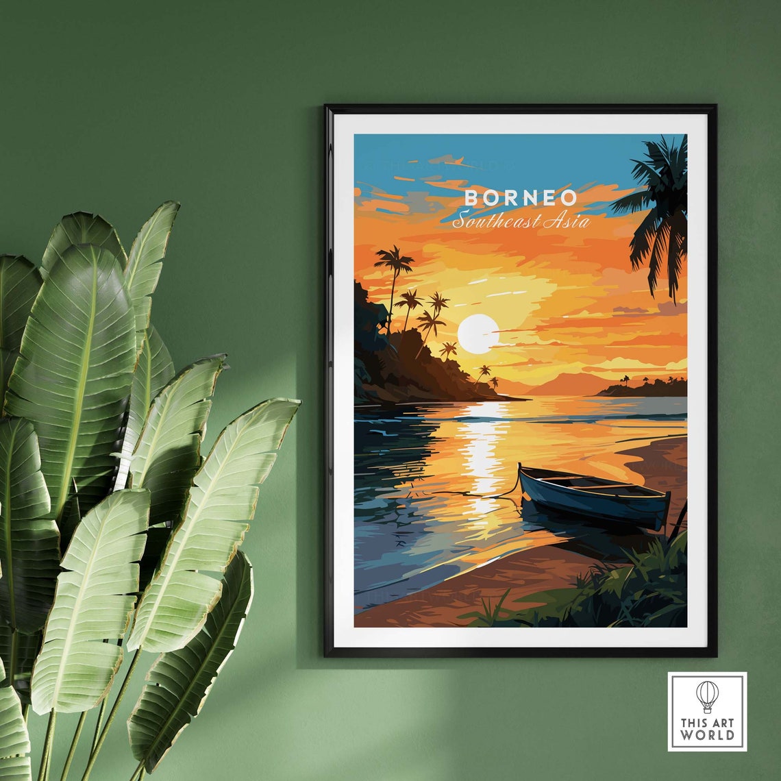 Tropical Borneo Southeast Asia Sunset Beach Boat Palm Coast Poster - Image 2