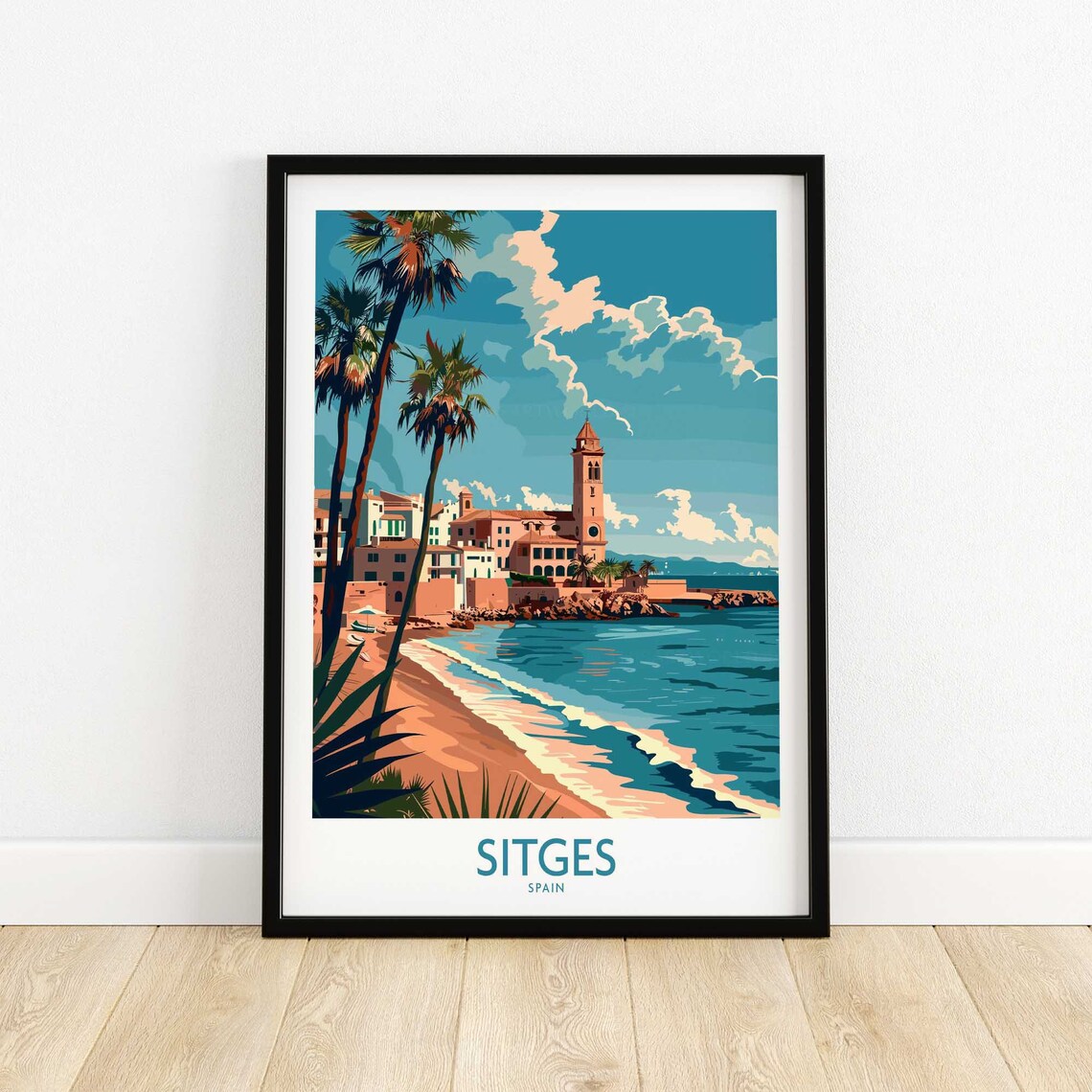 Sitges Spain Beachfront Church Waterfront Vintage Travel Poster