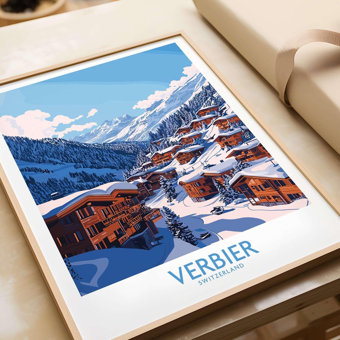 Verbier Switzerland Snowy Chalet Village Alpine Winter Travel Poster