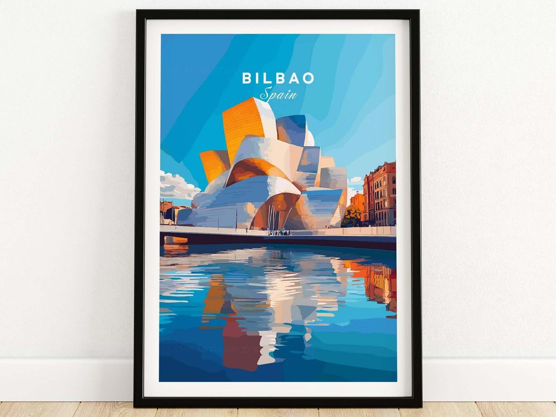 Bilbao Spain Guggenheim Museum River Reflection Travel Poster