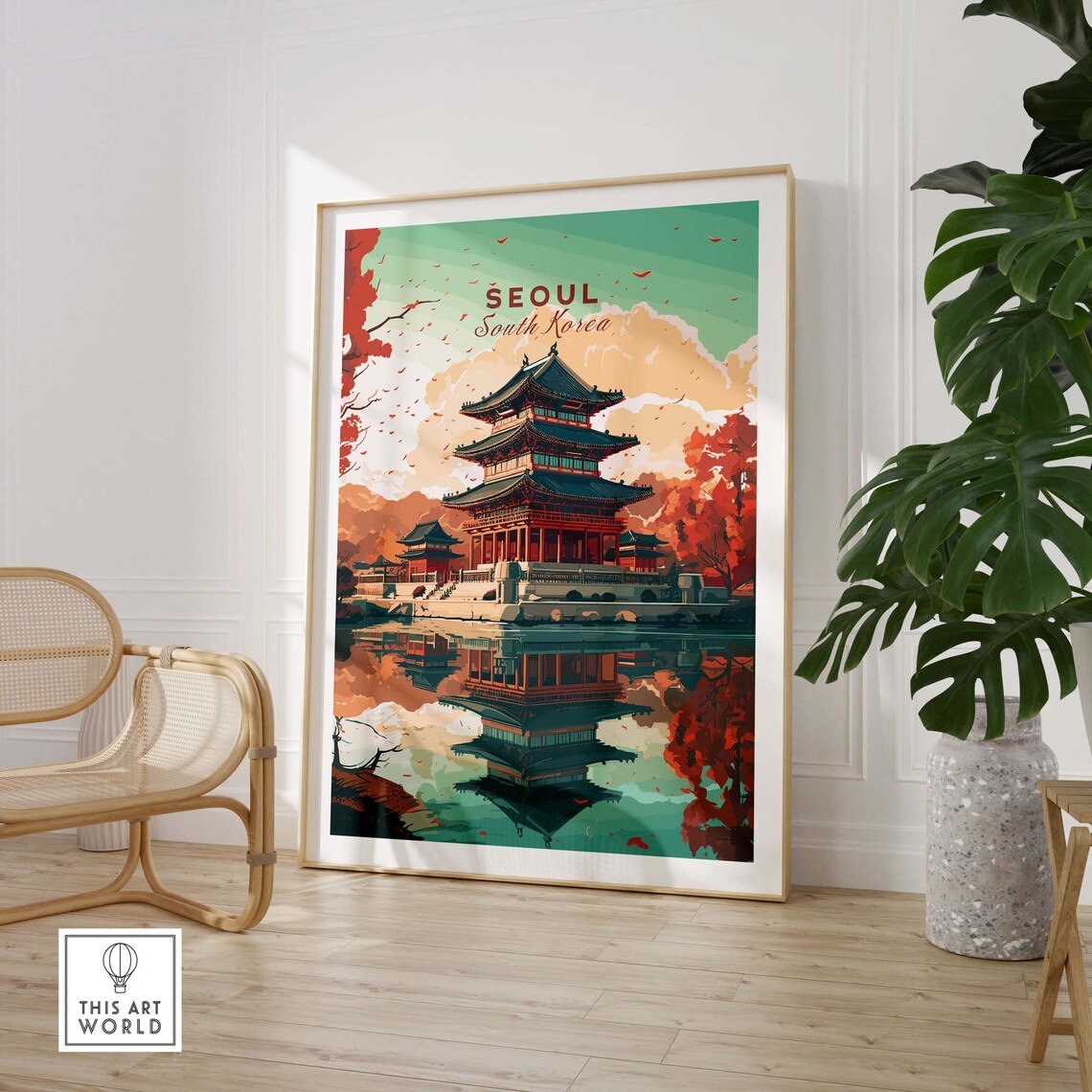 Seoul South Korea Autumn Temple Reflection Travel Art Poster - Image 3