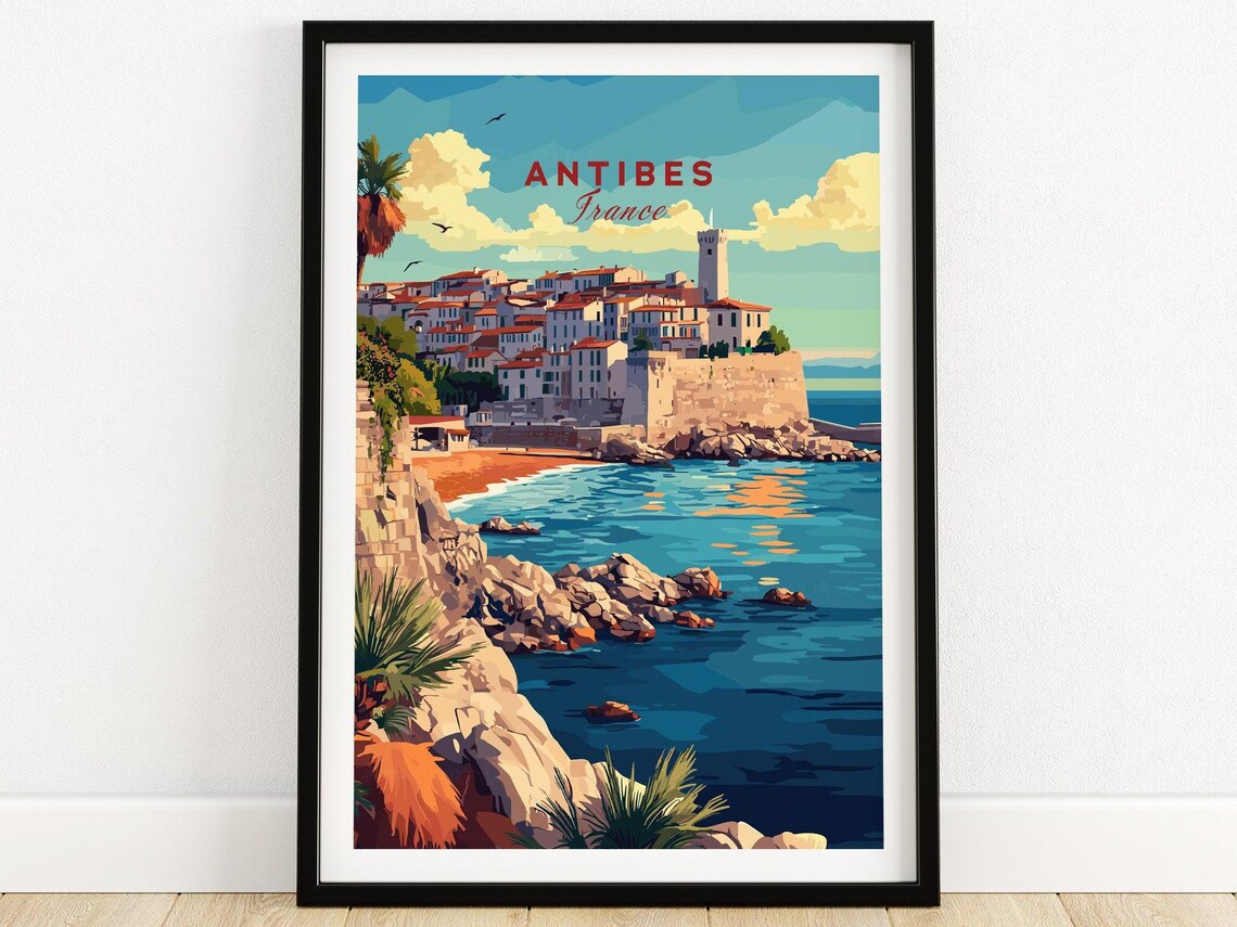 Antibes France Old Town Ramparts Rocky Cove Vintage Travel Poster