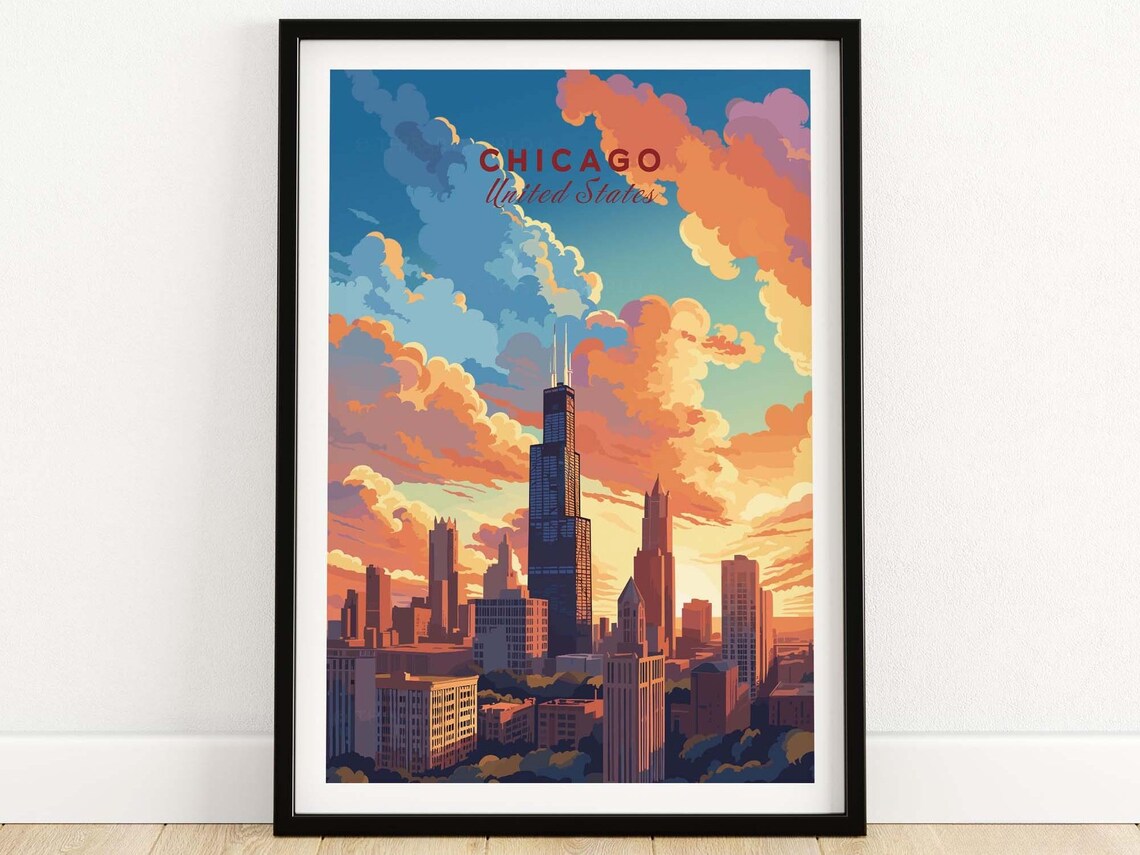 Chicago Willis Tower Sunset Skyline United States Travel Poster