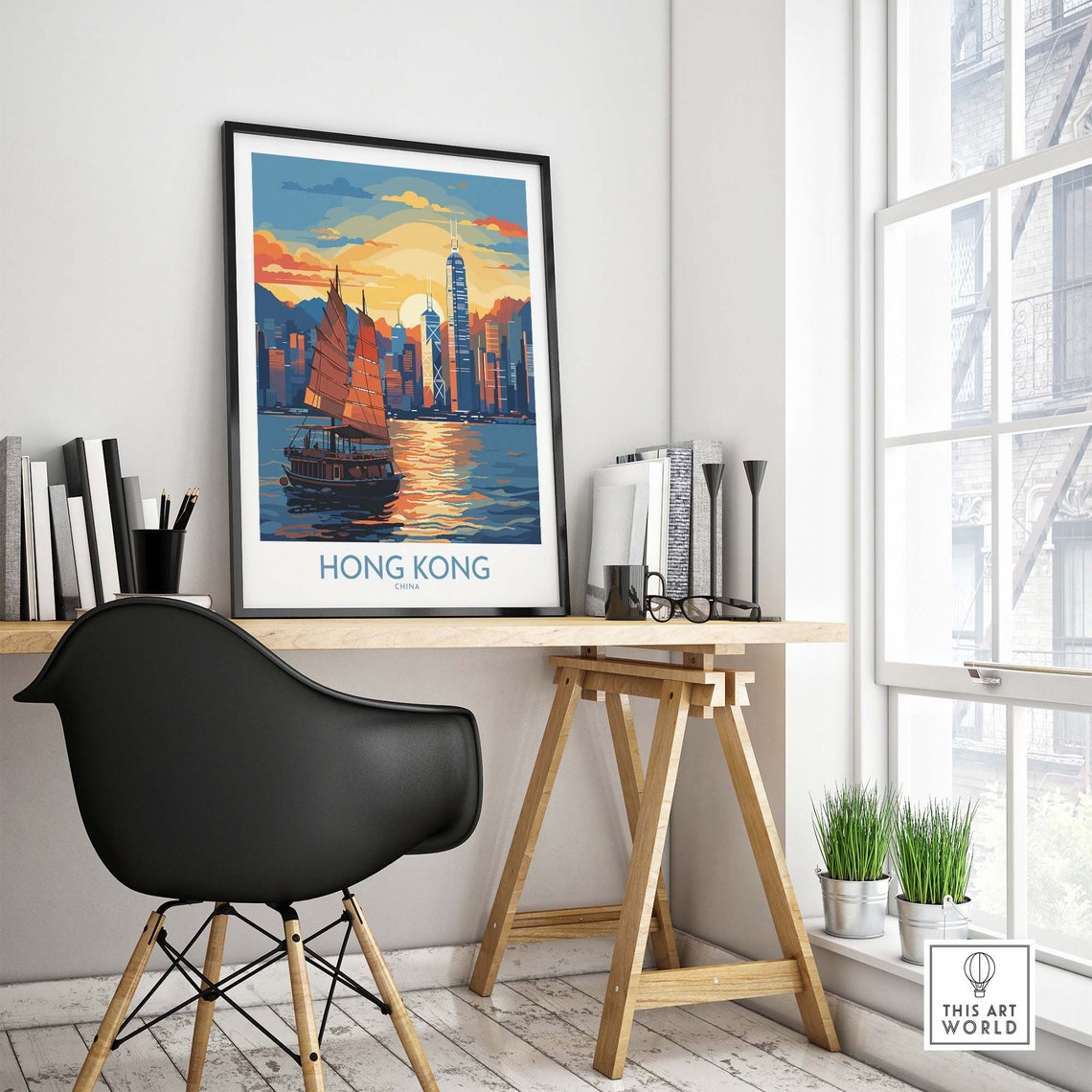 Hong Kong China Victoria Harbor Junk Boat Sunset Scenic Poster - Image 4