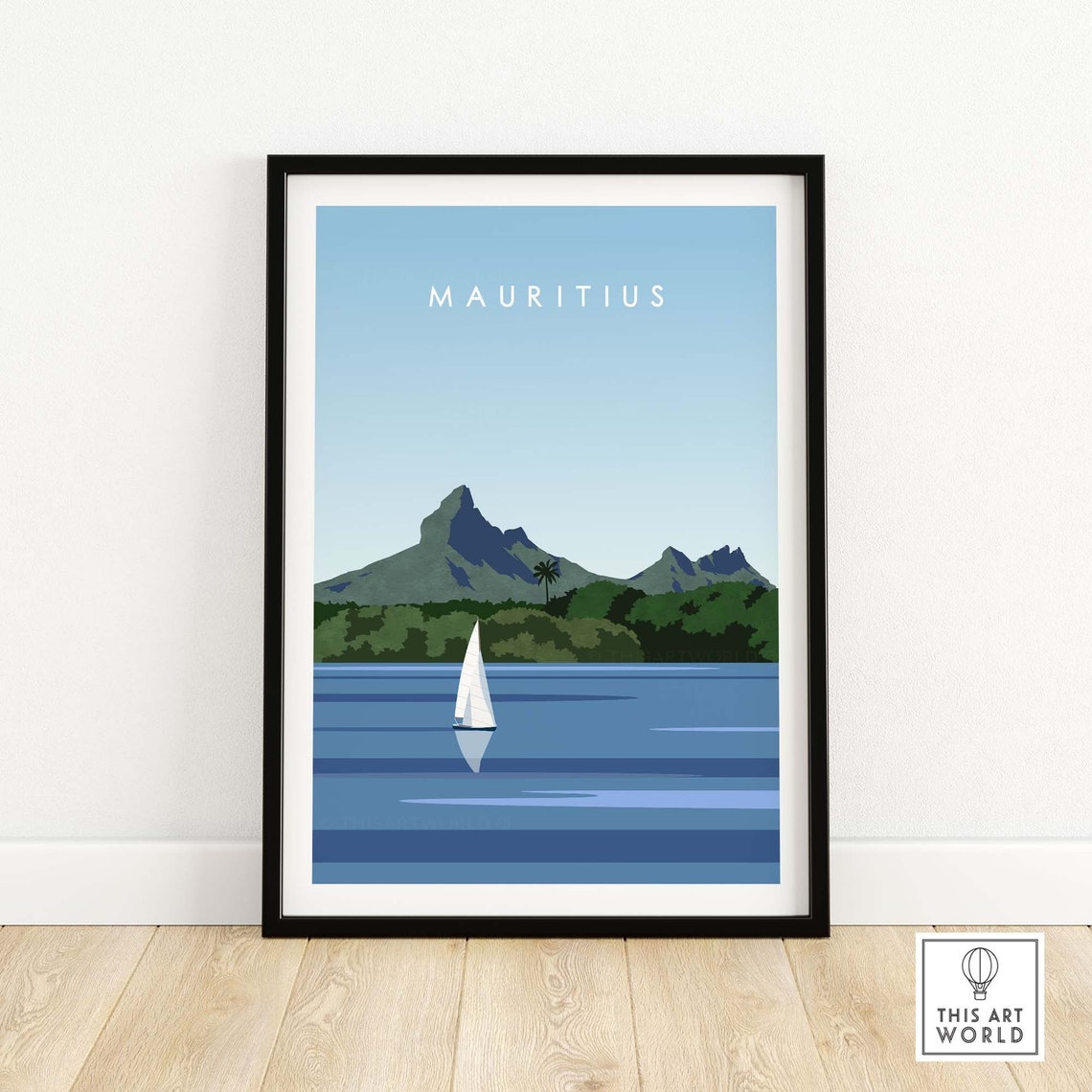 Mauritius Island Sailboat Lagoon Mountain Travel Illustration Poster