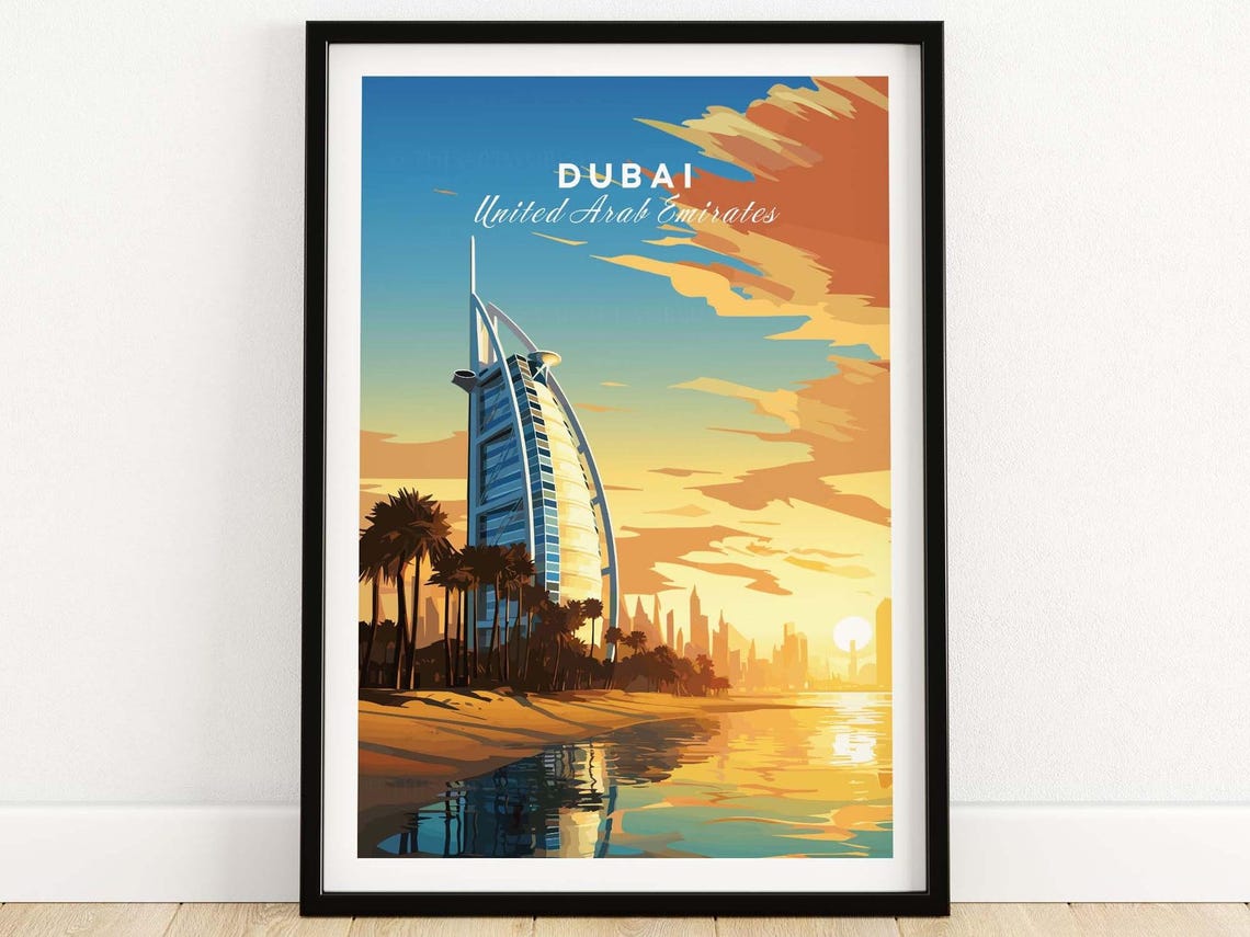 Retro Dubai United Arab Emirates Burj Al Arab Beach Sunset Poster