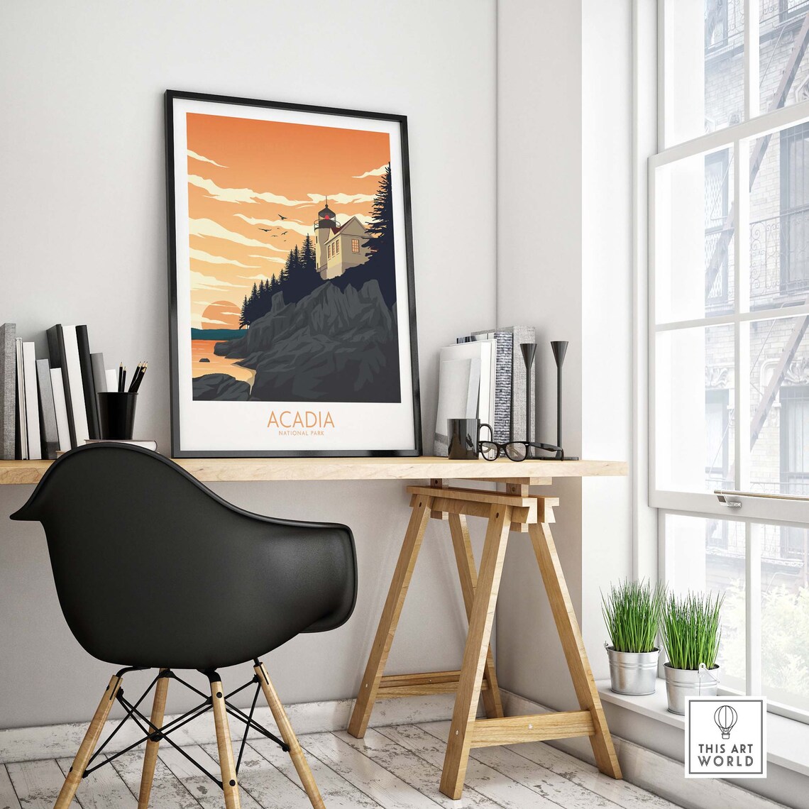 Acadia National Park Maine Lighthouse Sunset Illustration Travel Poster - Image 4