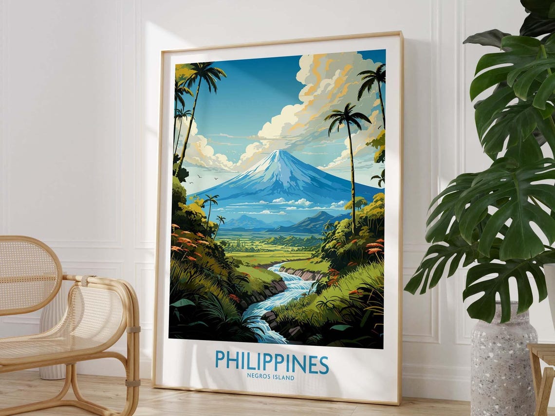 Negros Island Philippines Tropical Volcano River Palms Travel Poster