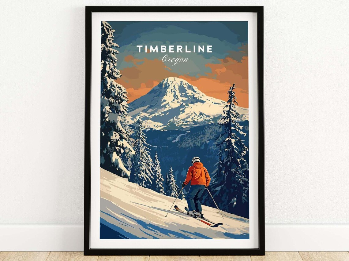 Timberline Oregon Sunset Skier Descending Snowy Slope Travel Poster