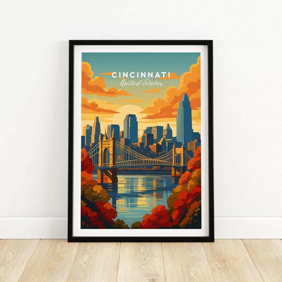 Cincinnati Poster Sunset River Illustration Roebling Bridge Print Ohio Wall Art Scenic Cityscape Decor Vibrant Home Display Modern Gift