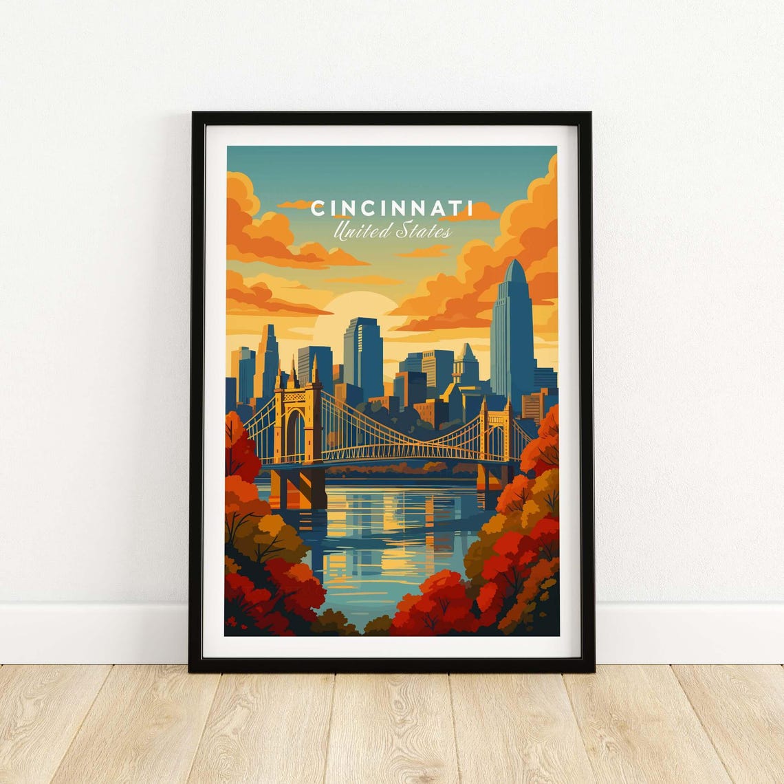 Cincinnati Ohio Skyline Poster Roebling Bridge Sunset River Artwork
